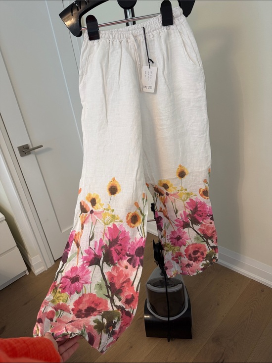 Rosemarine Pants - Wide Leg Floral Linen Pants - White with Pink Floral